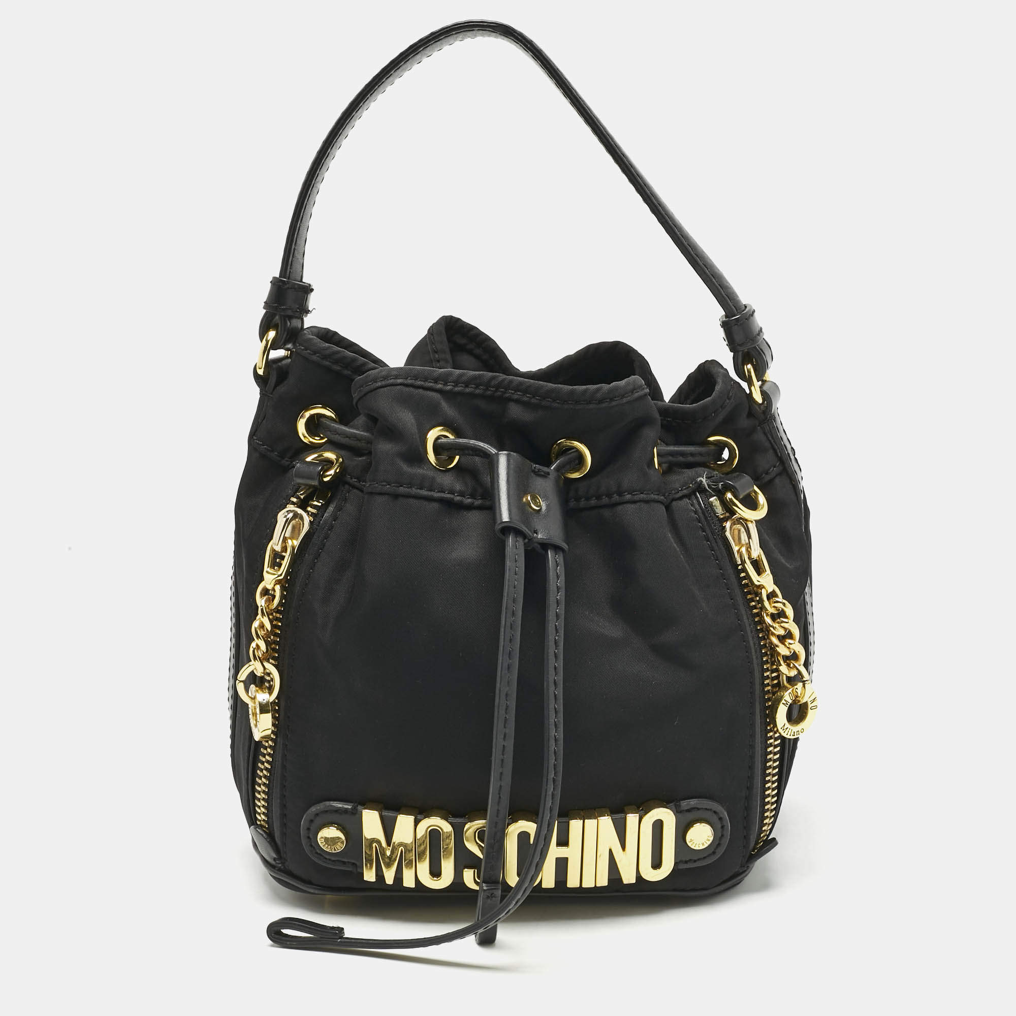 Pre Owned Moschino Black Nylon and Leather Classic Logo Bucket Bag