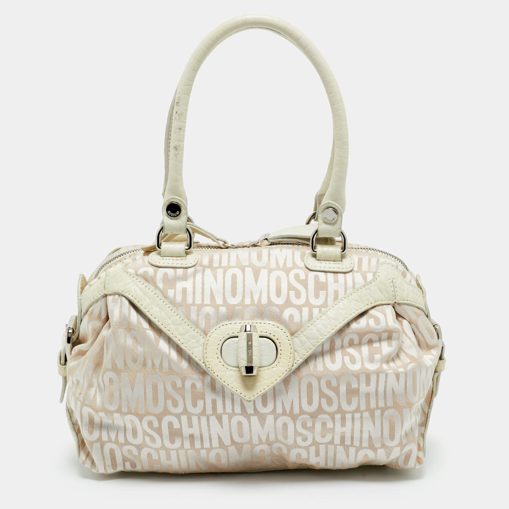 Pre Owned Moschino White/Cream Signature Fabric and Leather Zip Satchel