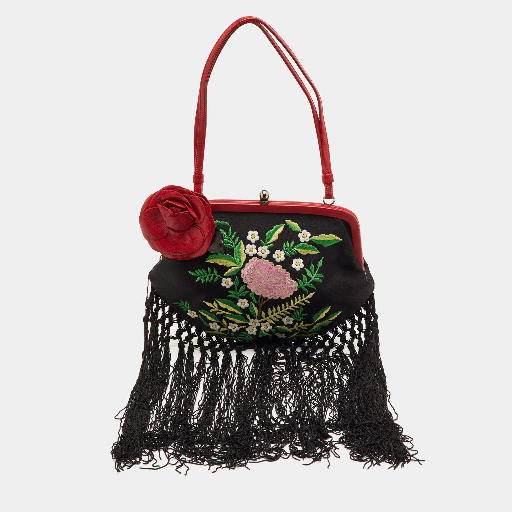 Pre Owned Moschino Black/Red Satin and Leather Tassel Floral Embroidered Shoulder Bag