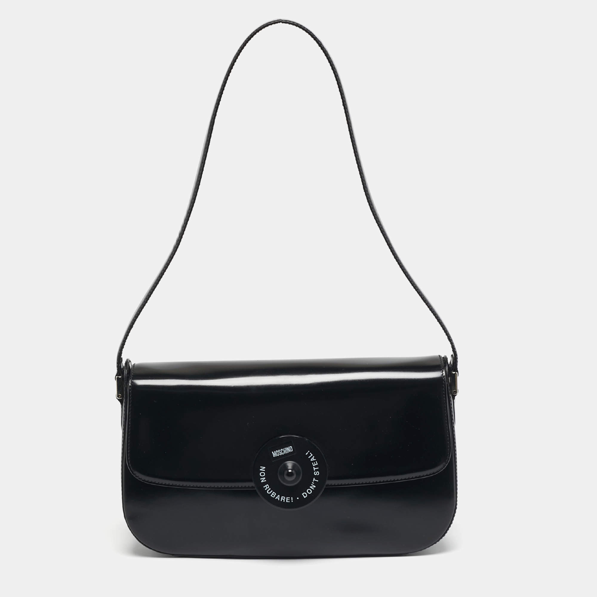 مملوكة مسبقًا Moschino Black Glossy Leather Flap Shoulder Bag