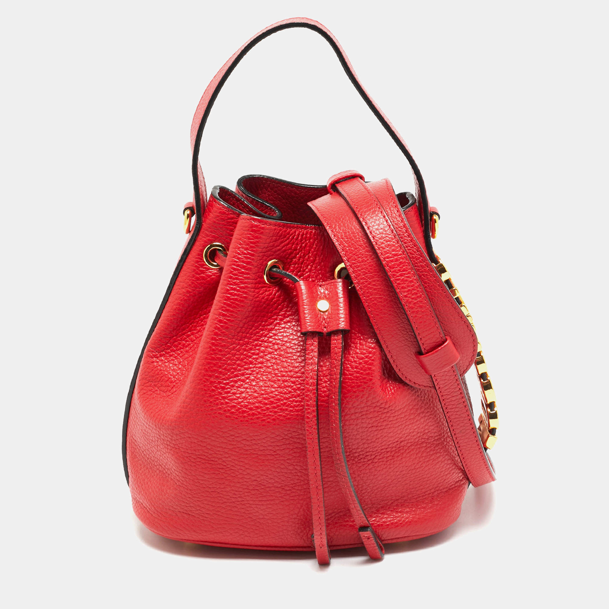 Pre Owned Moschino Logo Red Leather Drawstring Bucket Bag