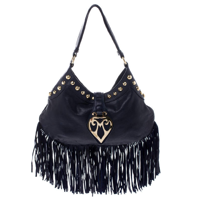 Moschino Navy Blue Leather Studded Fringe Hobo 