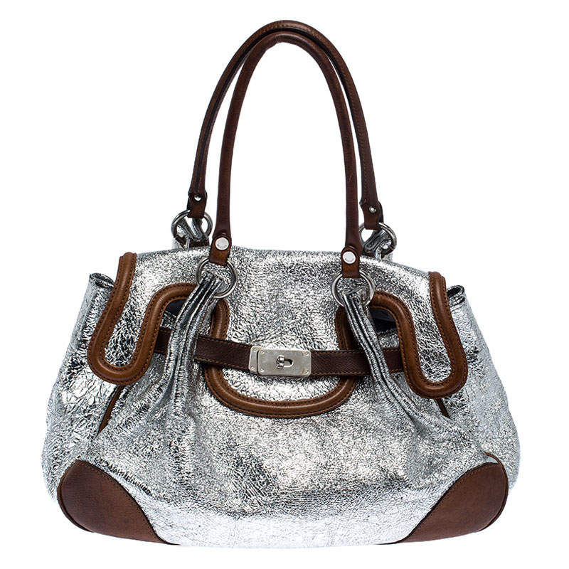 Pre Owned Moschino Metallic Silver Foil Leather Flap Satchel