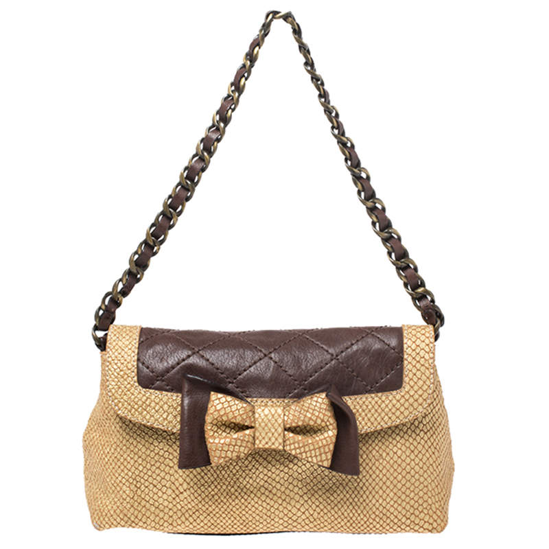 Pre Owned Moschino Gold/Brown Quilted and Snakeskin Embossed Leather Bow Flap Shoulder Bag