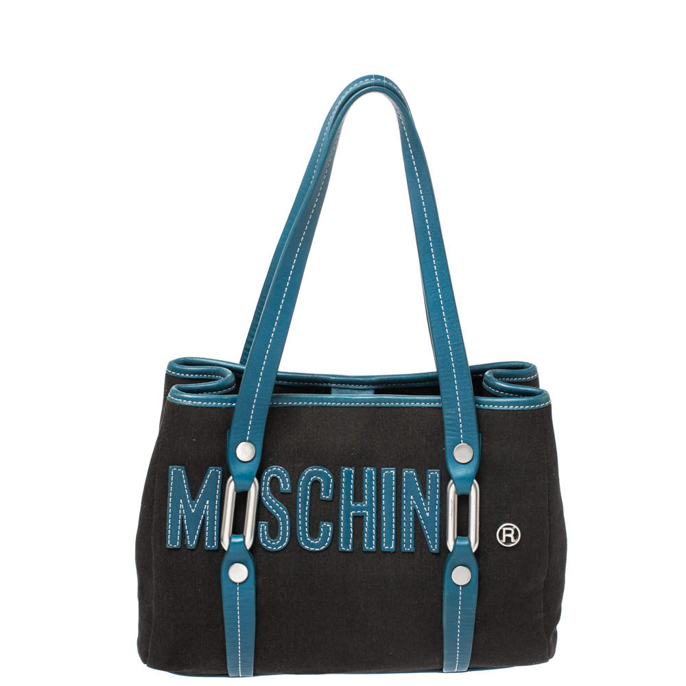 Pre Owned Moschino Blue/Black Canvas and Leather Trim Mini Tote