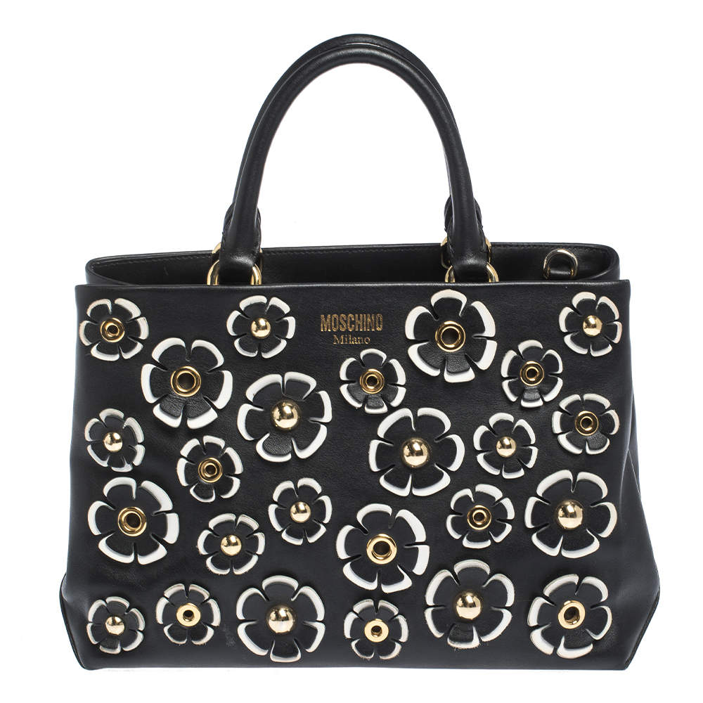 Pre Owned Moschino Black Floral Applique Leather Tote