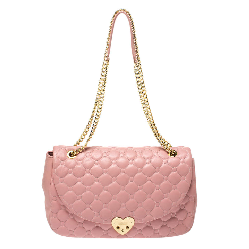 Pre Owned Moschino Pink Quilted Leather Heart Clasp Shoulder Bag