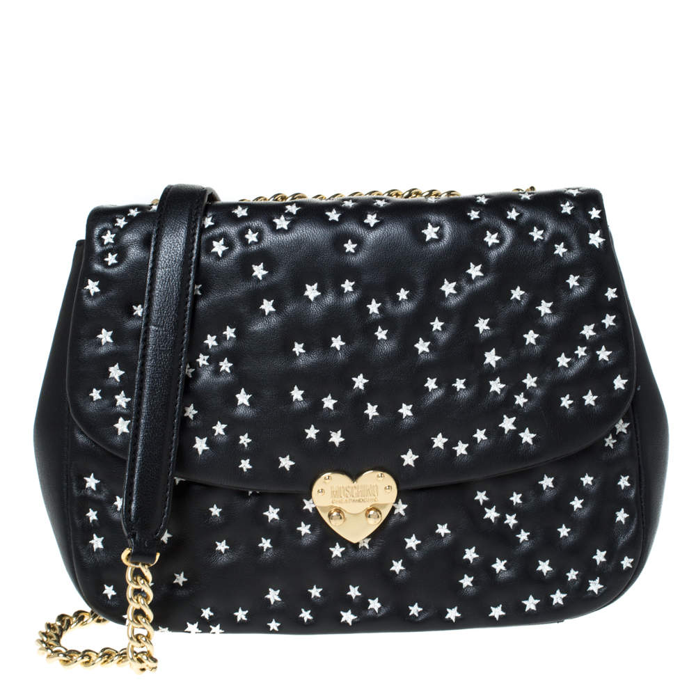 Moschino Black Star Embroidered Leather Flap Heart Lock Chain Bag