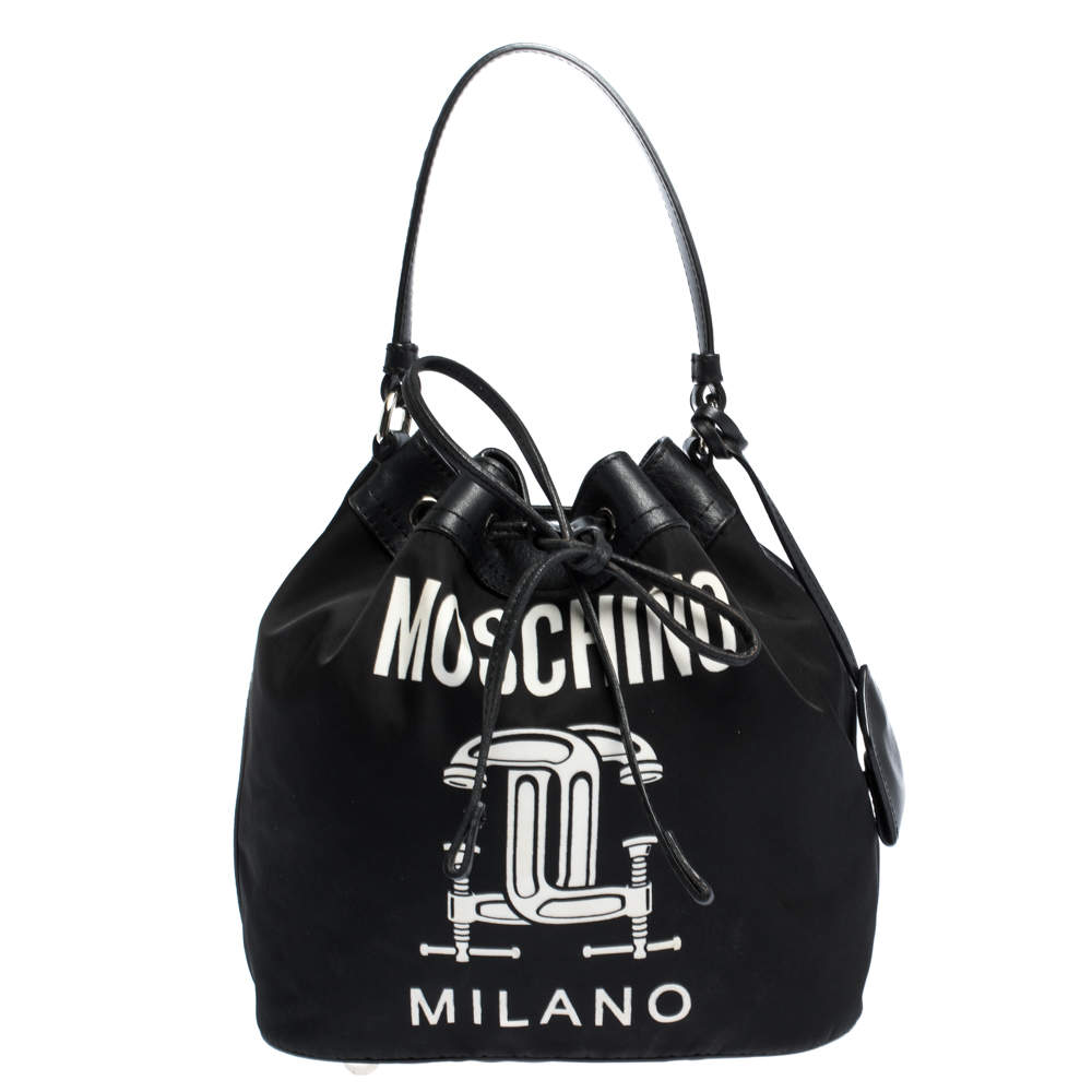 Pre Owned Moschino Black Logo Print Nylon and Leather Bucket Bag
