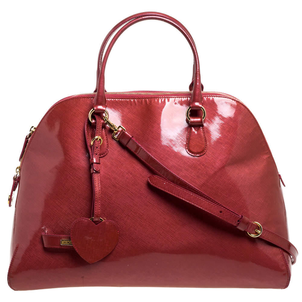 Pre Owned Moschino Cinnamon Red Patent Vinyl Heart Charm Dome Satchel