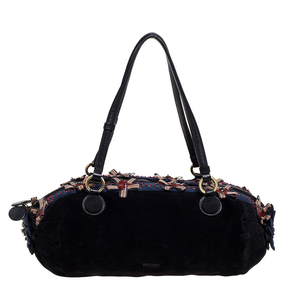 Pre Owned Moschino Black/Blue Suede and Fabric Bow Embellished Satchel