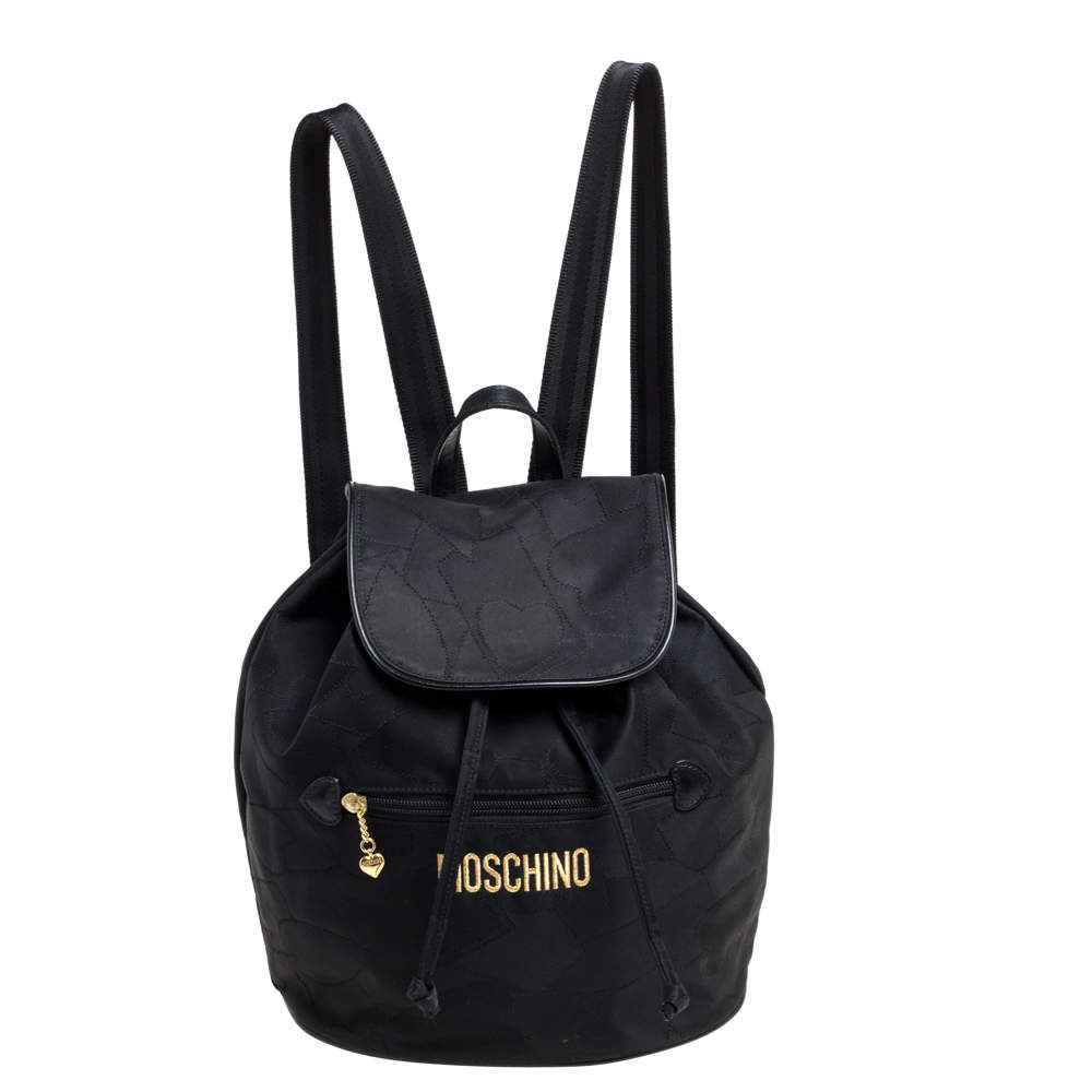 Pre Owned Moschino Black Nylon Logo Flap Backpack