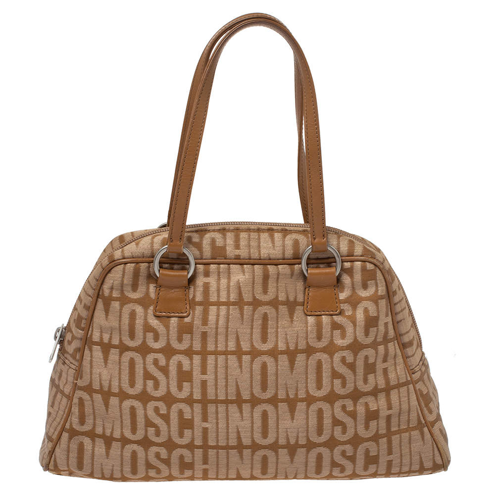 Pre Owned Moschino Brown Signature Canvas Zip Bowler Bag