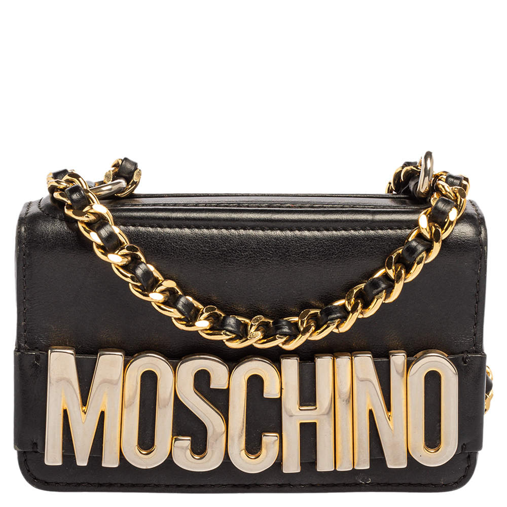 Pre Owned Moschino Black Leather Mini Logo Flap Chain Shoulder Bag