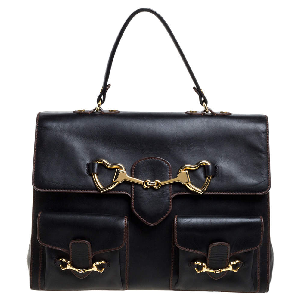 Pre Owned Moschino Black Leather Heart Buckle Double Flap Top Handle Bag