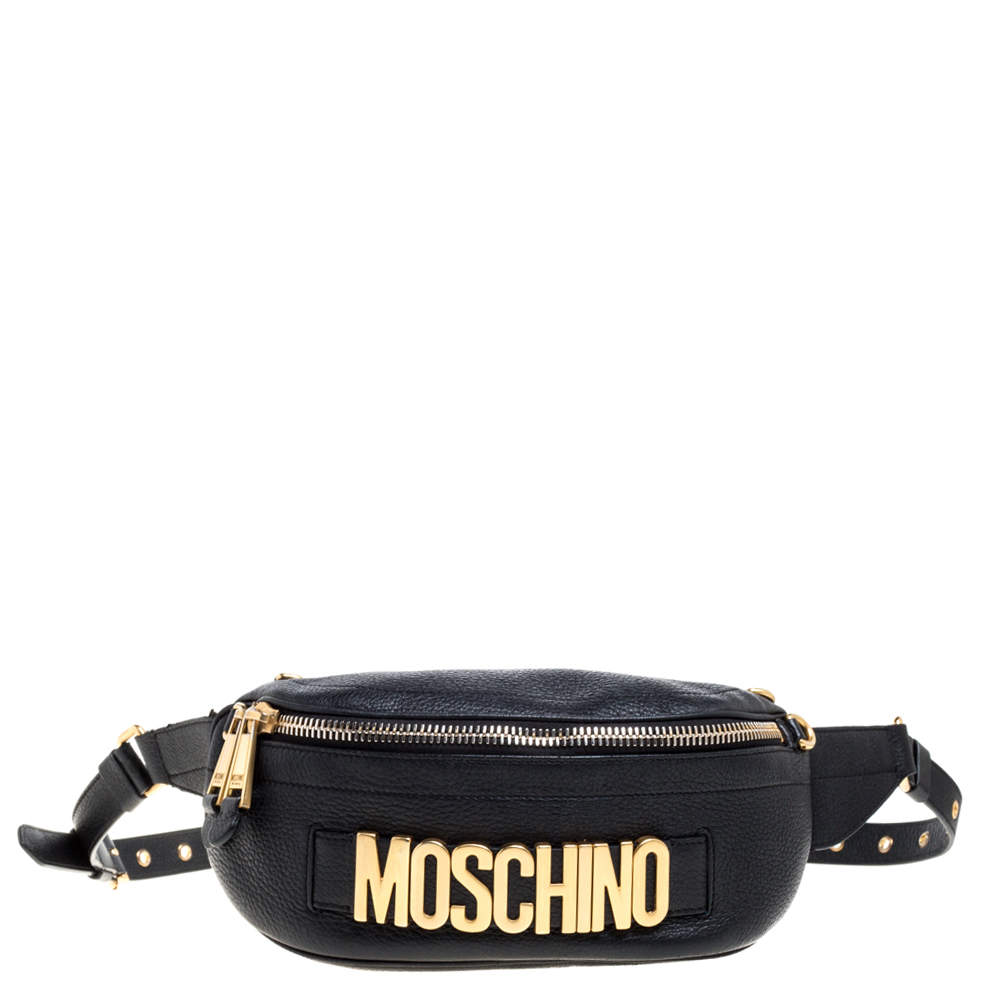 Moschino Black Pebbled Leather Logo Belt Bag