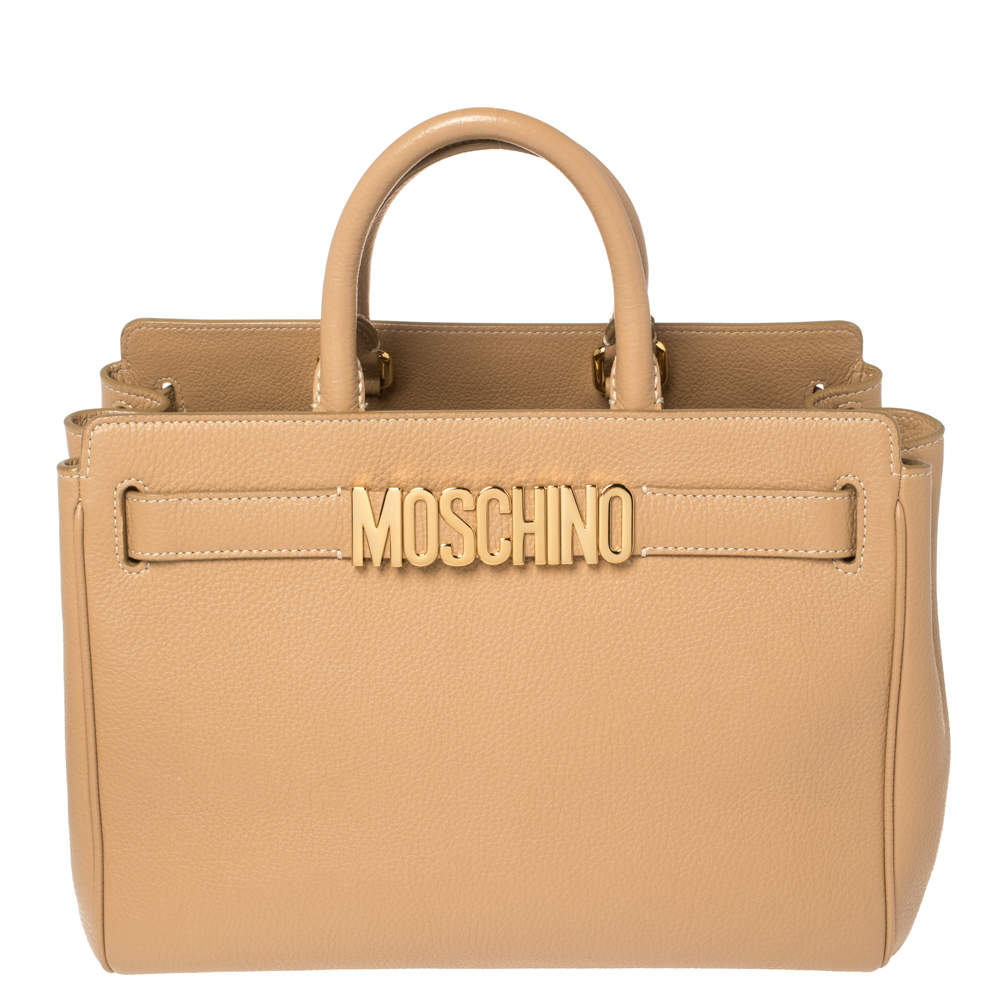 Pre Owned Moschino Beige Leather Logo Plaque Tote