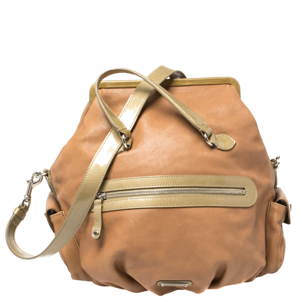Moschino Brown/Green Patent and Leather Kisslock Frame Shoulder Bag