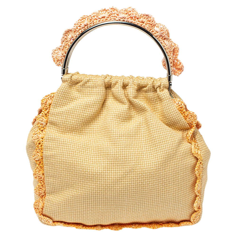 Pre Owned Moschino Cream Woven Straw Ruffle Frame Bag