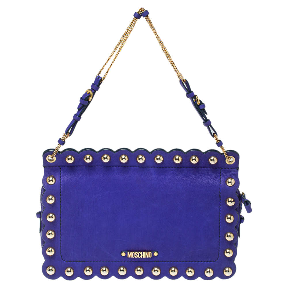 Pre Owned Moschino Blue Studded Leather Flap Shoulder Bag