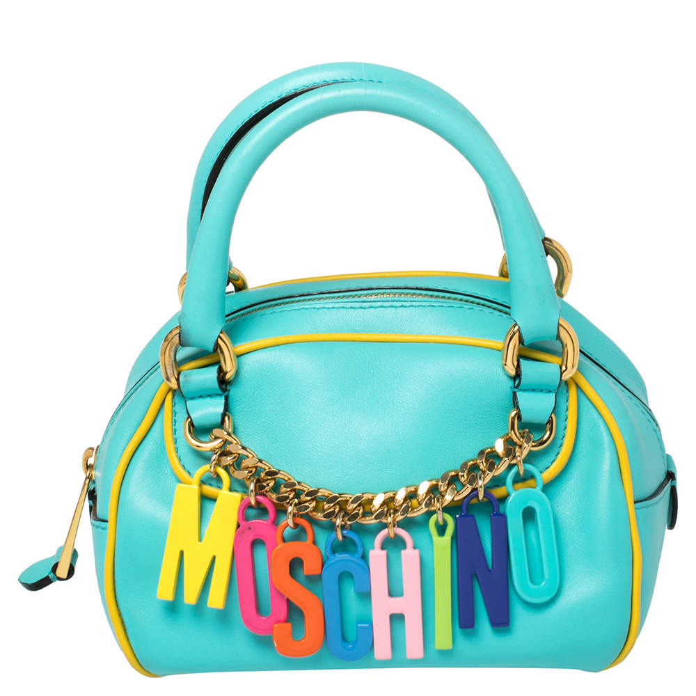 Moschino Turquoise Yellow Leather Logo Charm Satchel