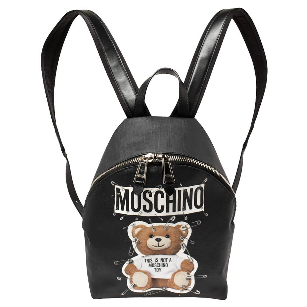 Pre Owned Moschino Black Faux Leather Small Safety Pin Teddy Backpack