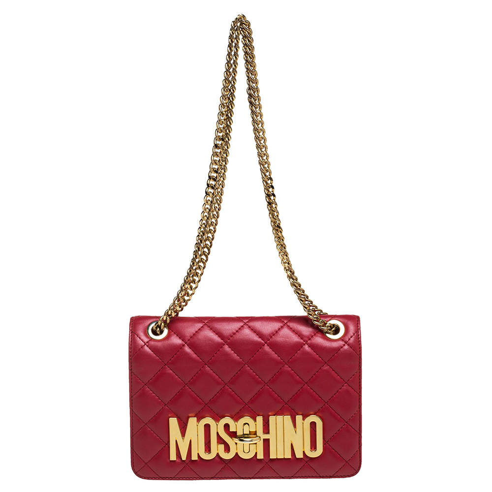 Pre Owned Moschino Red Quilted Leather Logo Flap Shoulder Bag