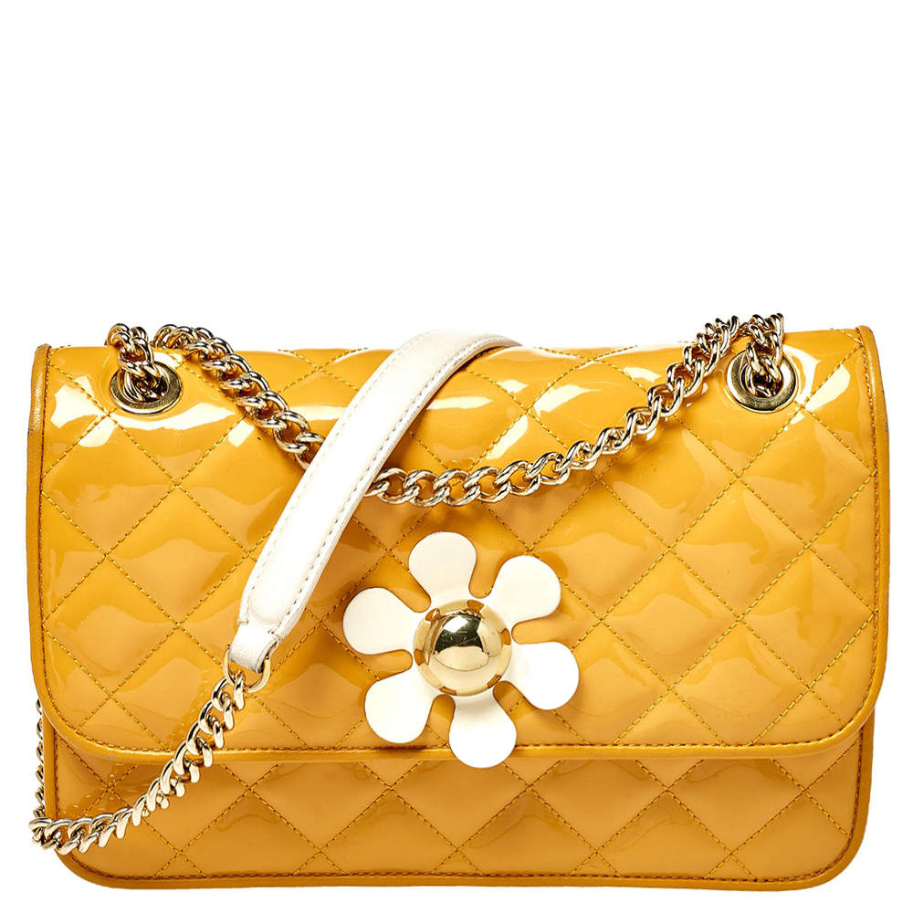 Pre Owned Moschino Yellow Quilted Patent Leather Crossbody Bag