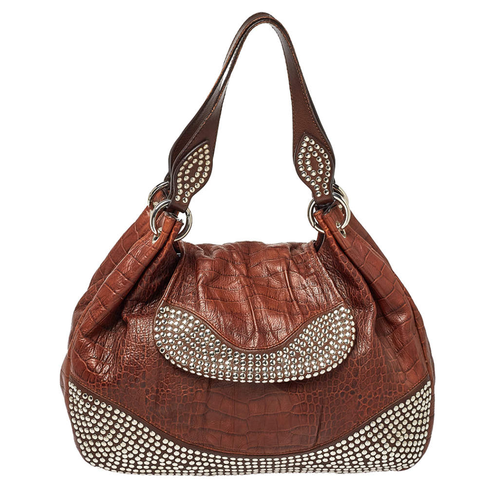Pre Owned Moschino Brown Croc Embossed Leather Studded Shoulder Bag