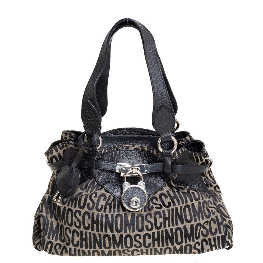 Pre Owned Moschino Black Monogram Leather and Canvas Lock Tote
