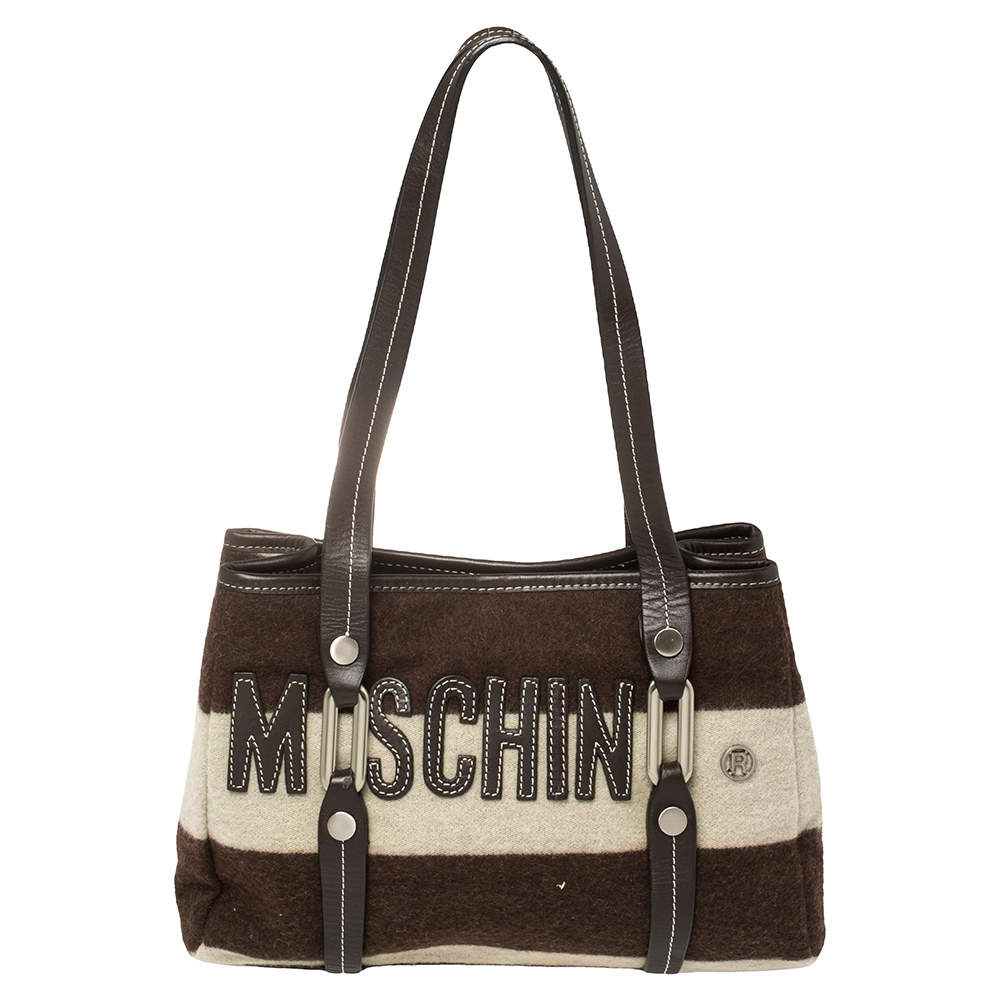 Moschino Brown/White Wool And Leather Logo Tote