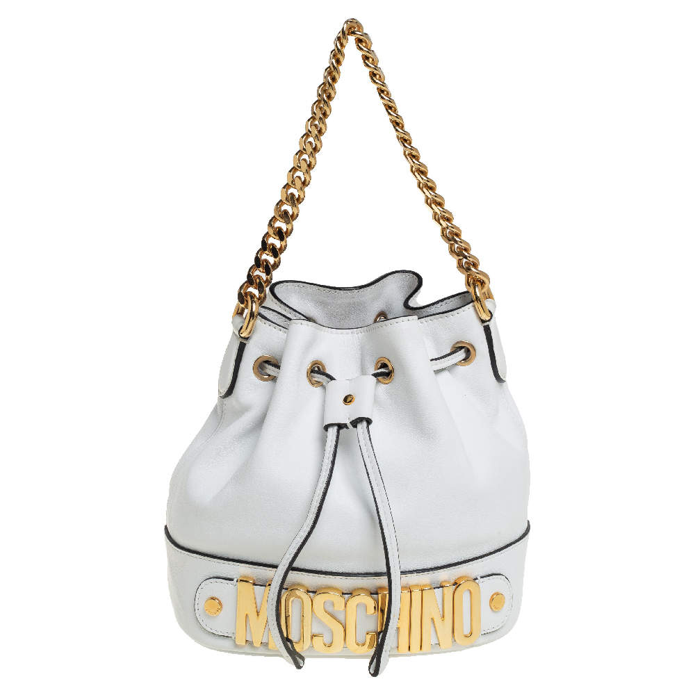 Moschino White Leather Logo Drawstring Bucket Bag