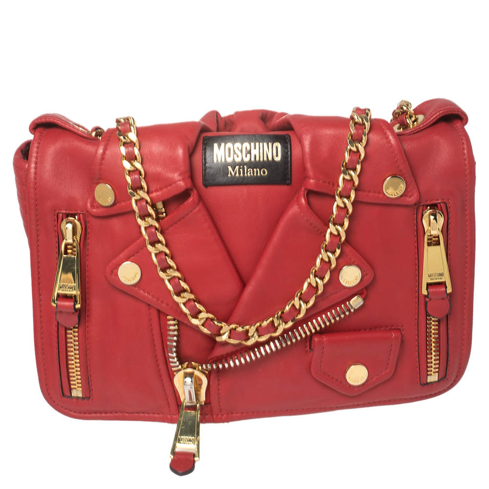 Pre Owned Moschino Red Leather Capsule Biker Jacket Shoulder Bag