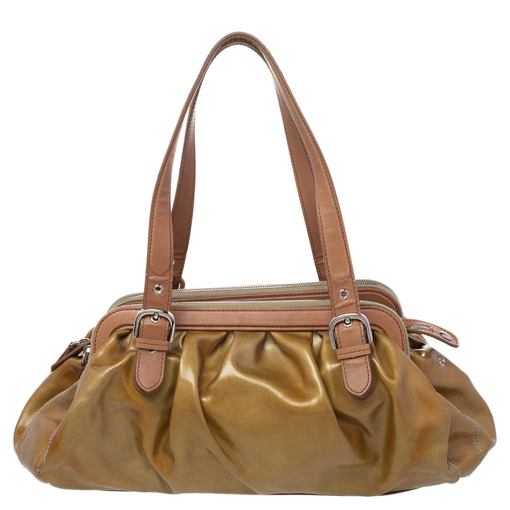 Moschino Metallic Gold/Brown Patent And Leather Satchel