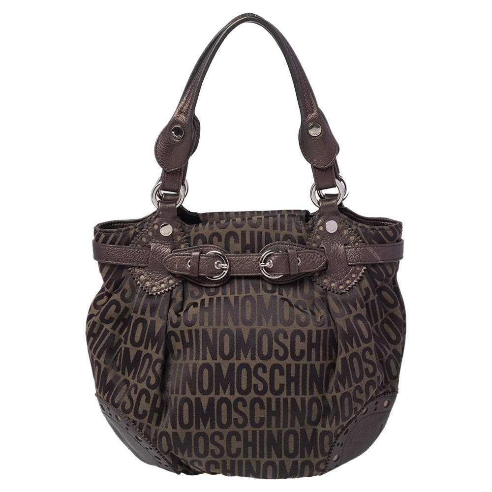 Pre Owned Moschino Brown/Olive Green Signature Canvas and Leather Hobo