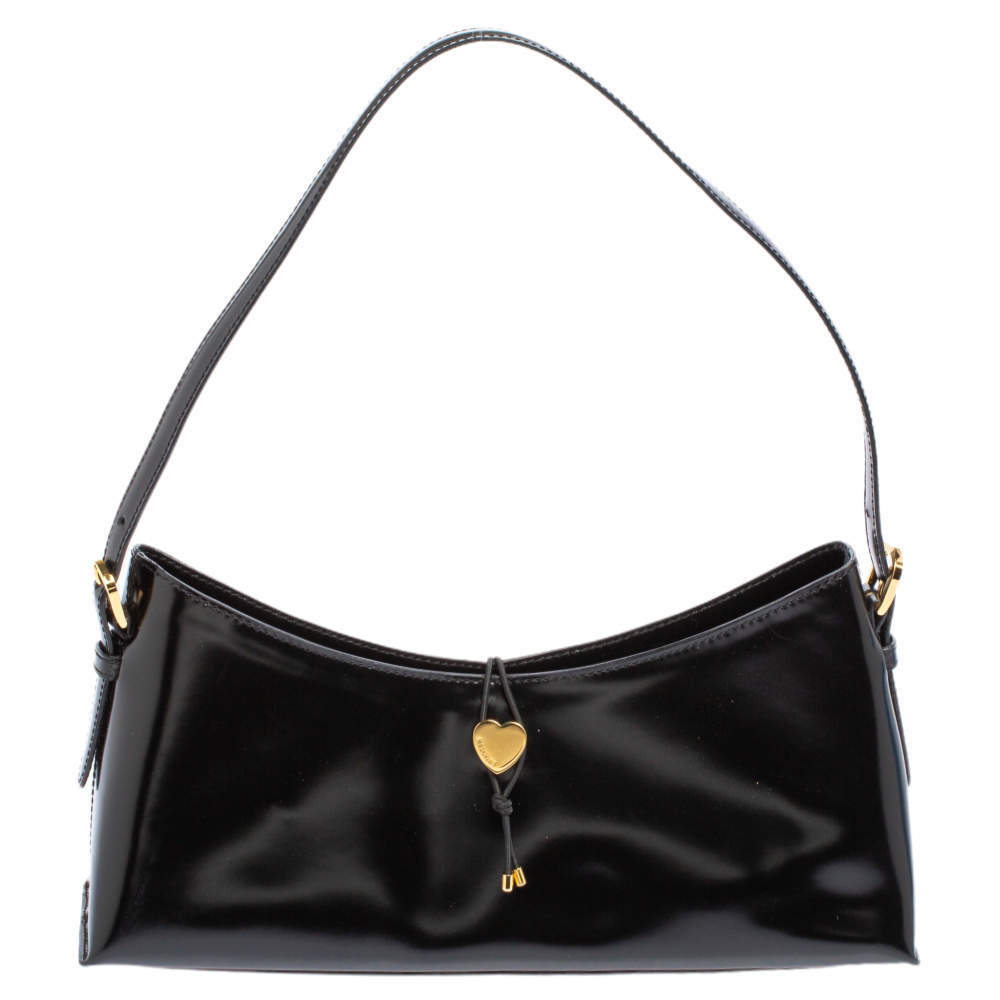 Pre Owned Moschino Black Leather Heart Lock Baguette Bag
