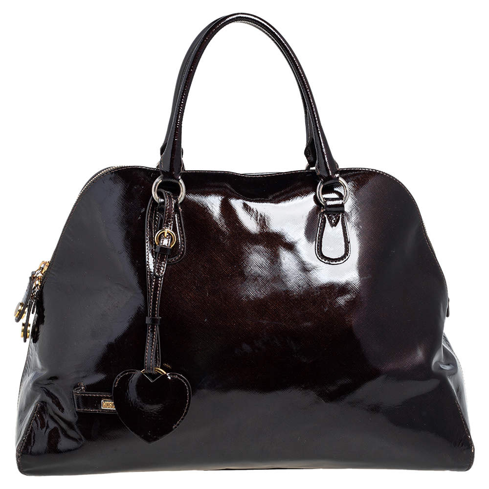 Pre Owned Moschino Dark Brown Patent Leather Heart Charm Dome Satchel