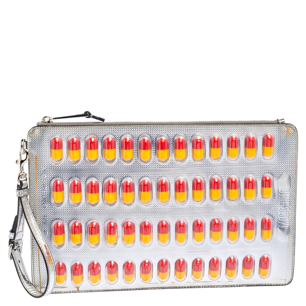 Moschino Silver Leather And PVC Pill Blister Wristlet Clutch Moschino