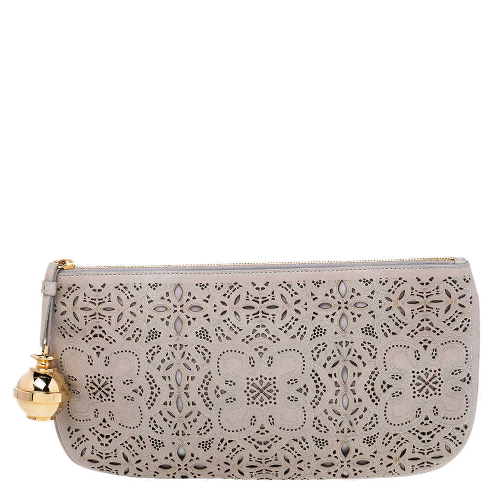 Pre Owned Moschino Grey Perforated Leather Clutch