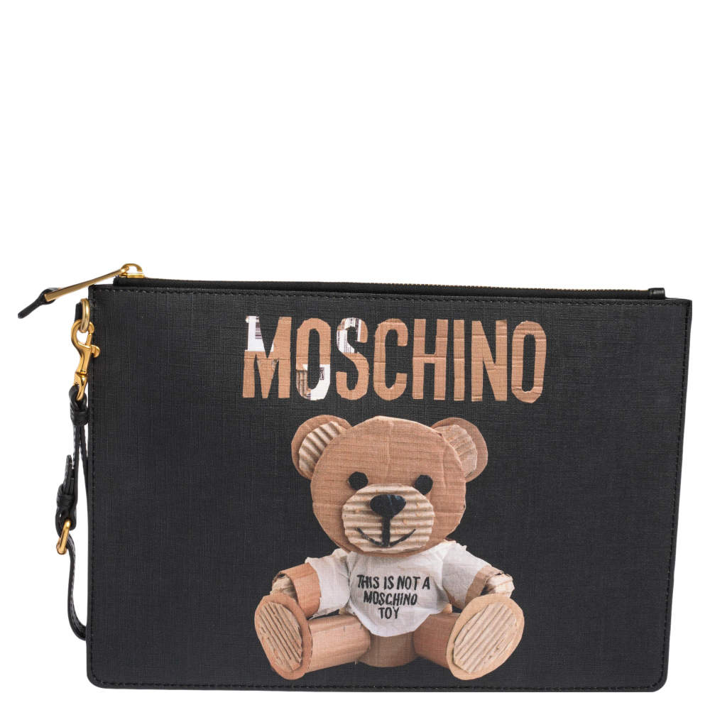 Moschino Black Coated Canvas Medium Teddy Bear Print Wristlet Clutch