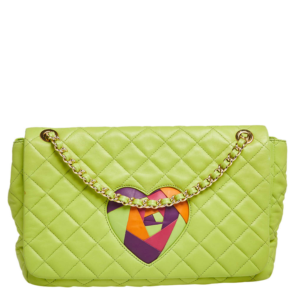Pre Owned Moschino Apple Green Quilted Leather Flap Shoulder Bag