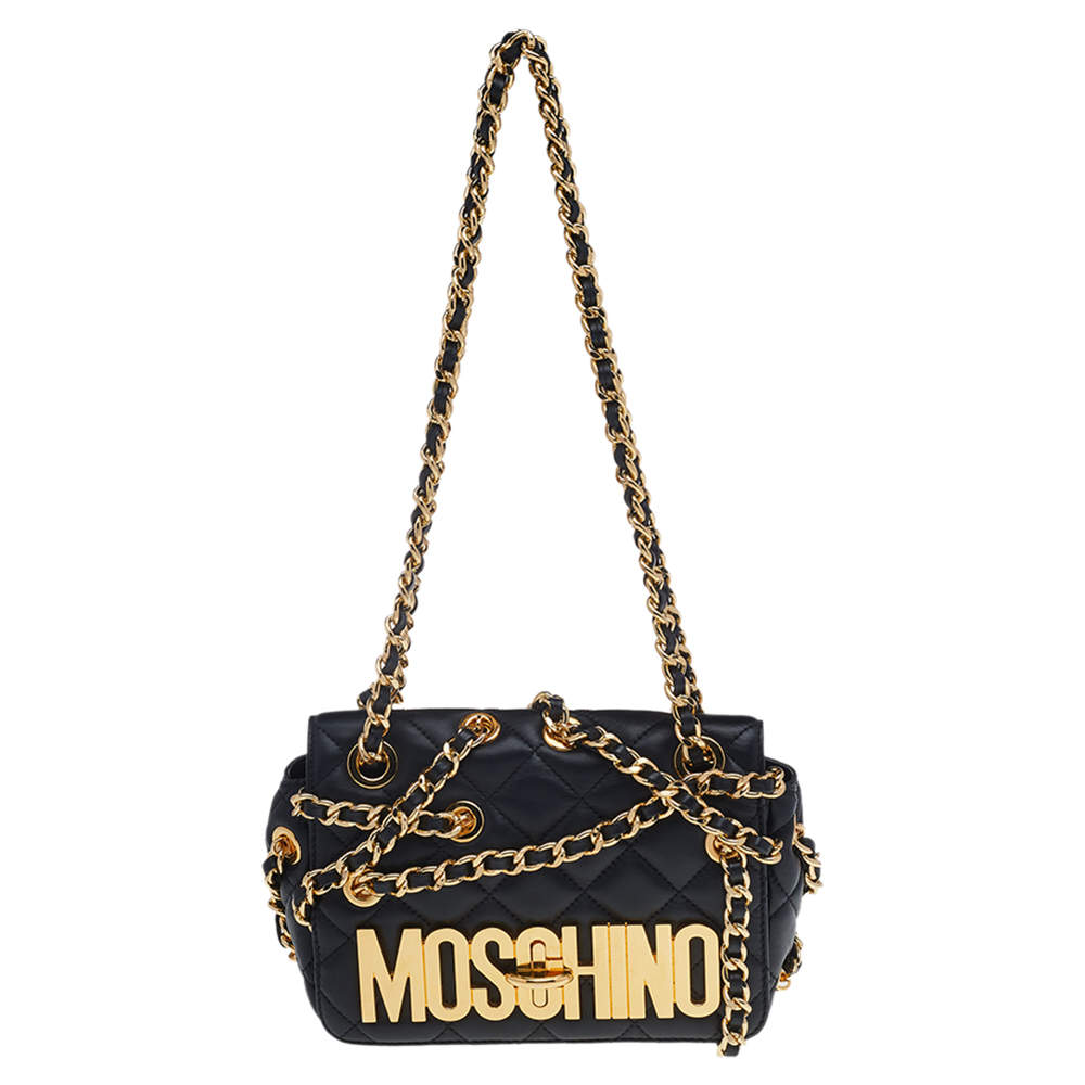 Pre Owned Moschino Black Quilted Leather Logo Flap Chained Shoulder Bag