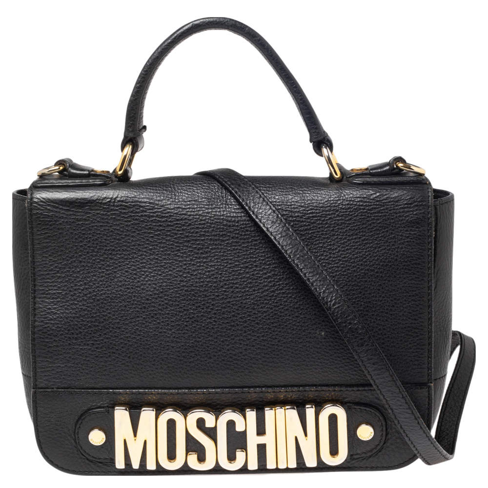 Moschino Black Leather Logo Flap Top Handle Bag
