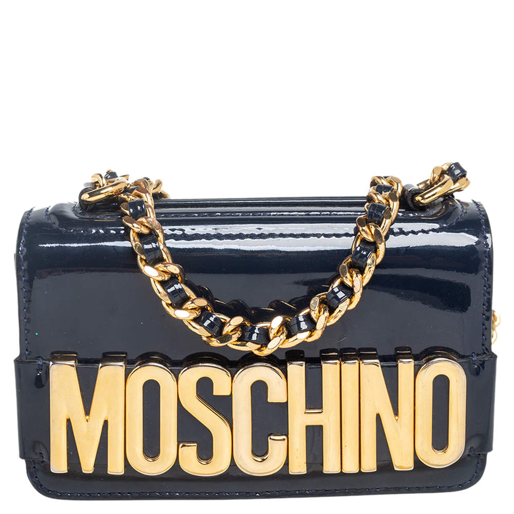 Pre Owned Moschino Navy Blue Patent Leather Crossbody Bag