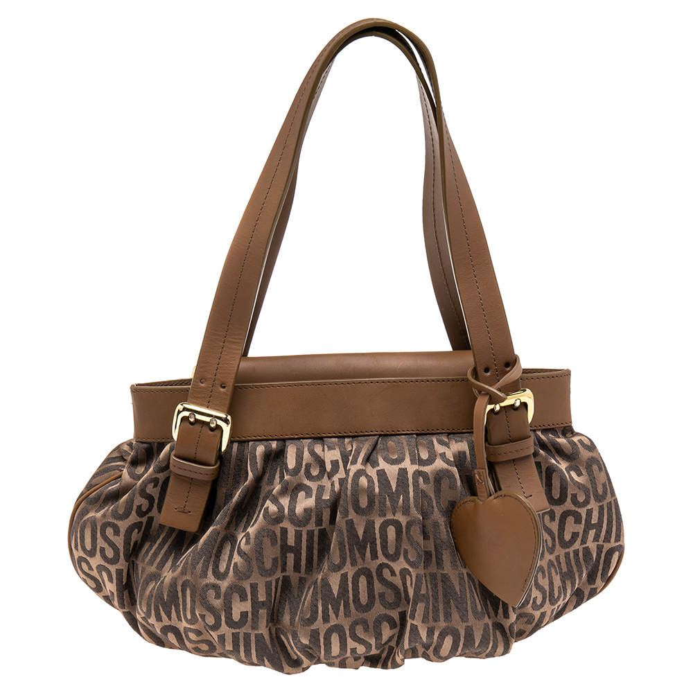 Moschino Brown Monogram Canvas And Leather Heart Charm Satchel Moschino ...