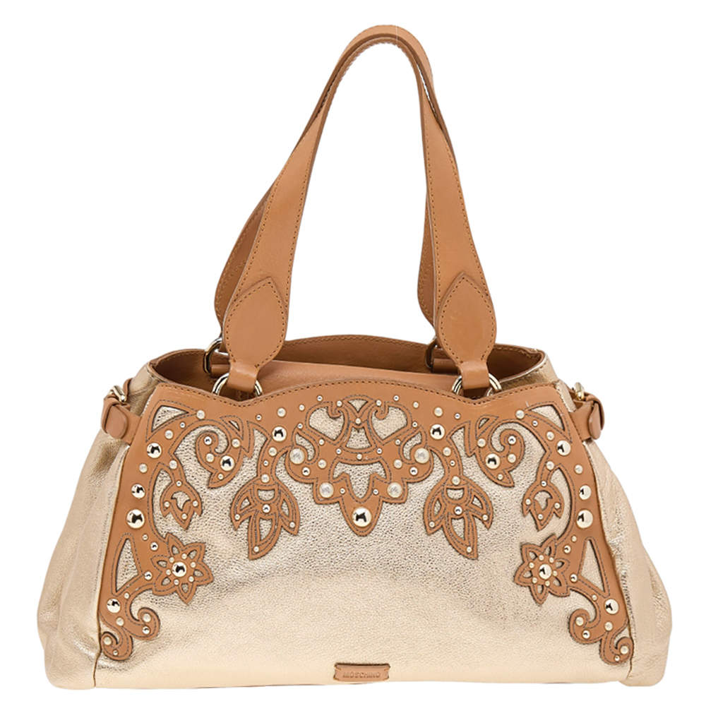 Pre Owned Moschino Metallic Gold/Brown Leather Studded Satchel