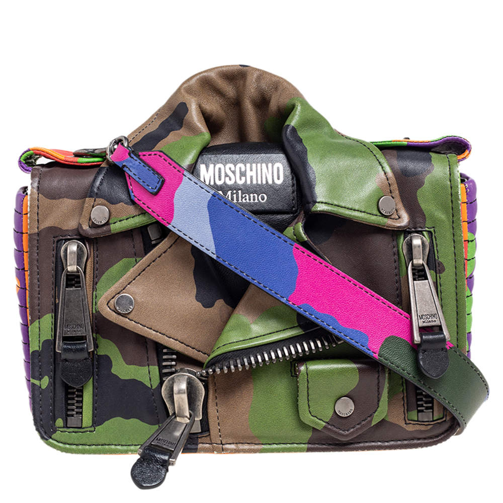Pre Owned Moschino Multicolor Camouflage Leather Biker Jacket Crossbody Bag