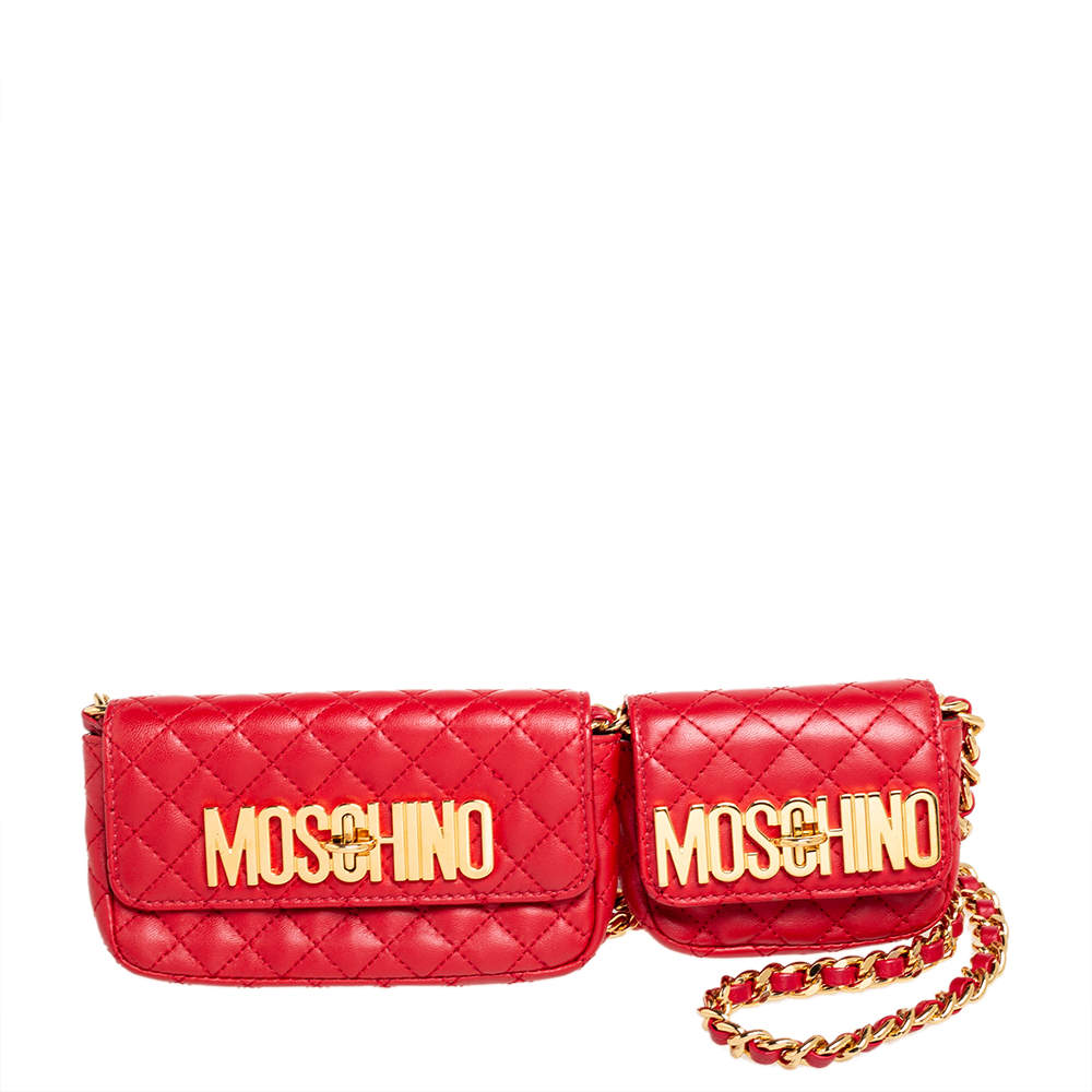 Pre Owned Moschino Red Quilted Leather Logo Turnlock Chain Pochette