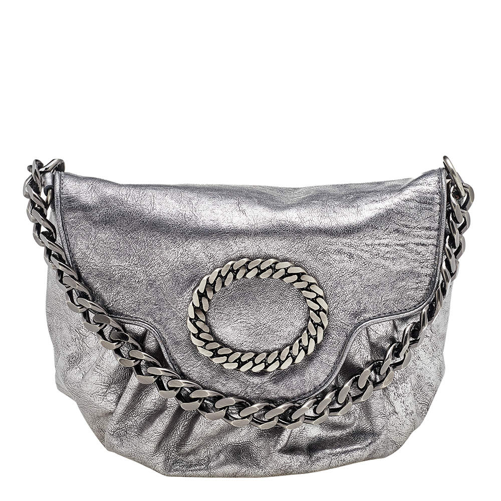 Pre Owned Moschino Metallic Silver Leather Chain Shoulder Bag