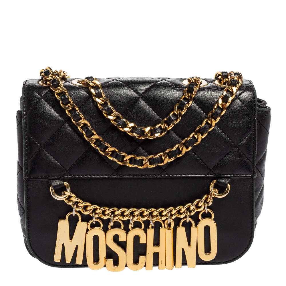 Moschino Black Quilted Leather Logo Chained Shoulder Bag 